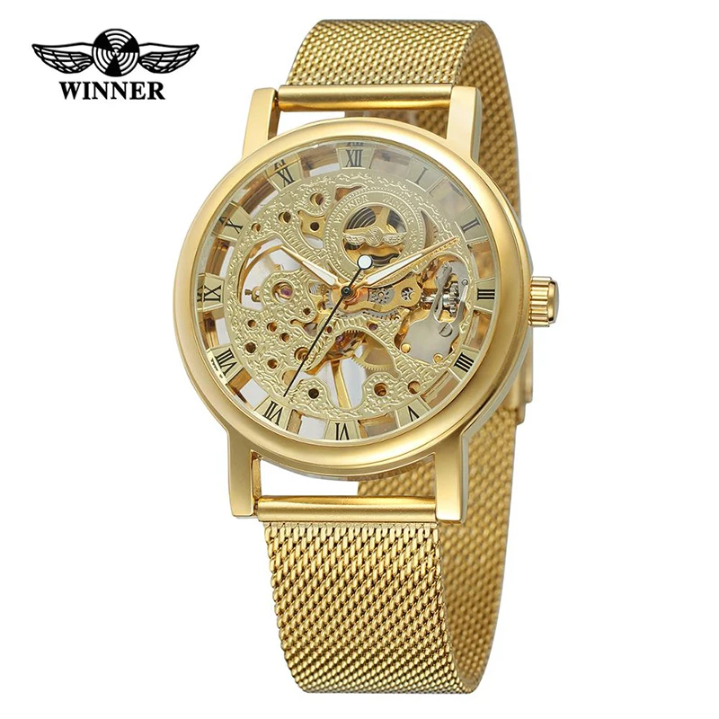 

Hot Fashion Skeleton Hand Wind Mechanical Watches Mesh Stainless Steel Brand Golden Luxury Men Winner Watch Cheap Price Relojes
