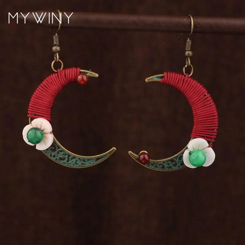 

handmade braided crescent moon shape vintage earrings red ,New Original jewelry shell flowers earrings yellow, N/a