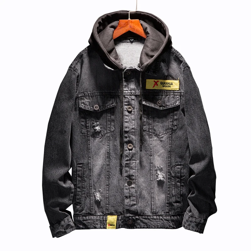 

9088 Hooded Jean Jacket,Hoodie Jean Jacket,Motorcycle Denim Jacket, Black