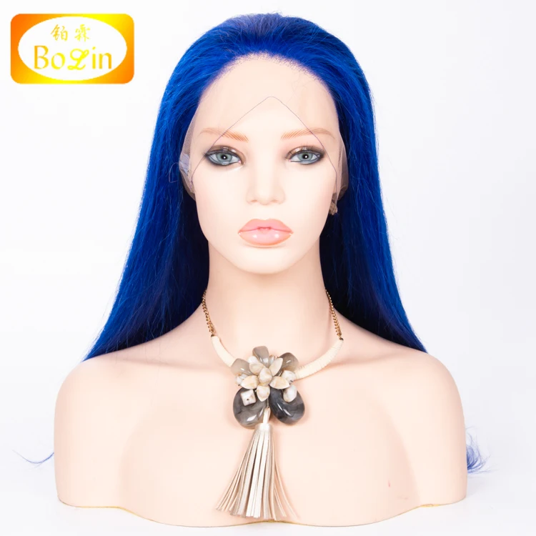 

100% virgin human hair Blue Color straight pre plucked full lace wig