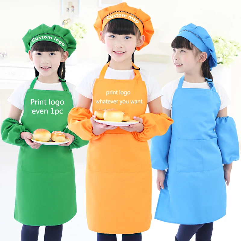 Children child Kids Apron Sleeves Hat Set Big Kitchen Baking Painting Cooking Craft Art Bib Apron 9 Colors Print Logo