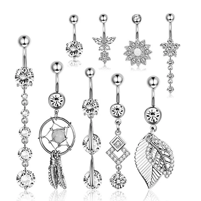 

9Pcs/Set14G Stainless Steel Dangle Belly Button Rings for Women Girls Curved Barbell Sexy Body Piercing Jewelry Navel Rings, Acqua