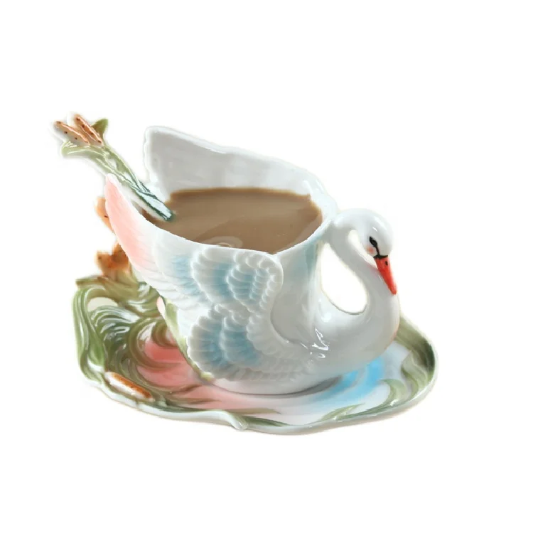 

Wholesale Hand Crafted Swan 3D Ceramic Mugs Porcelain Mug Coffee Cup Set with Saucer and Spoon, As photo show or custom
