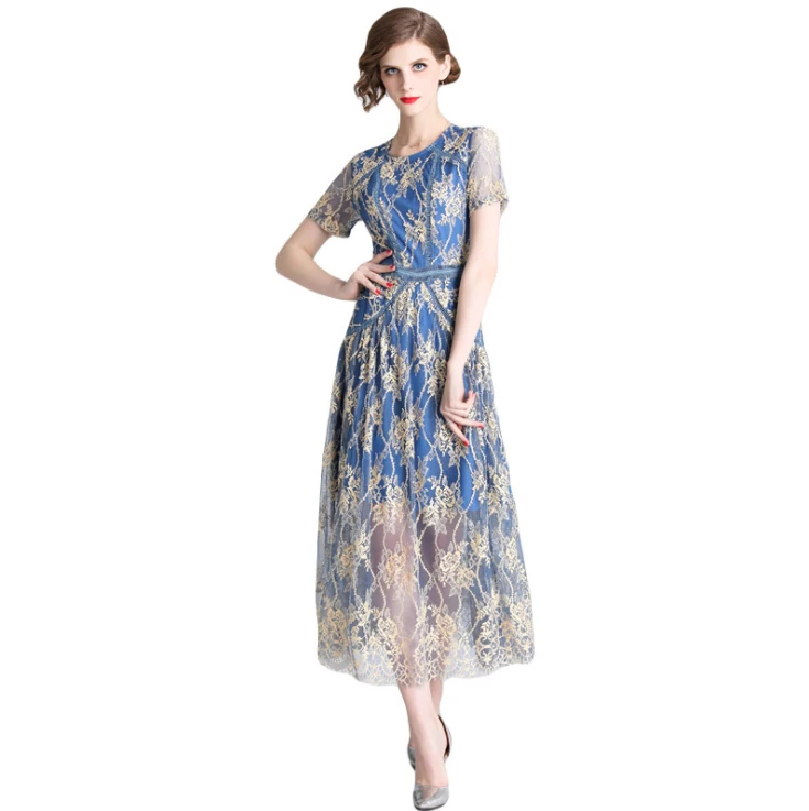 

2019 women clothes elegant long sleeve embroidery dresses ladies blue dress, Shown