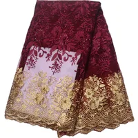 

HFX Wine&Gold African Embroidered French Net Lace with Stones Beads Textile Tulle Lace Fabric for Wedding Dress