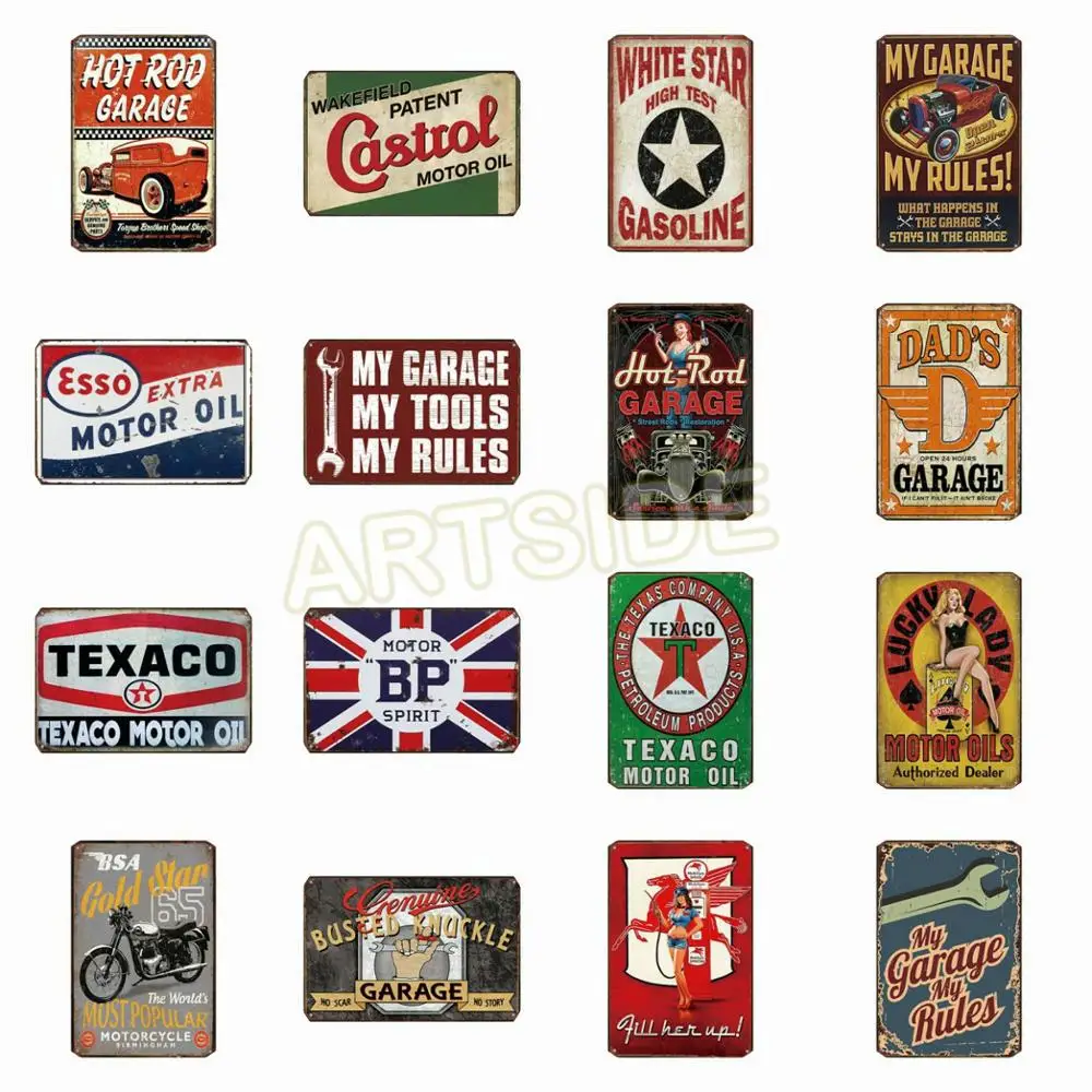 
No MOQ Castrol Gasoline Esso Motor Oil Tin Signs Vintage Metal Sign Painting Decor Wall For Bar Cafe Pub Motor Shop 