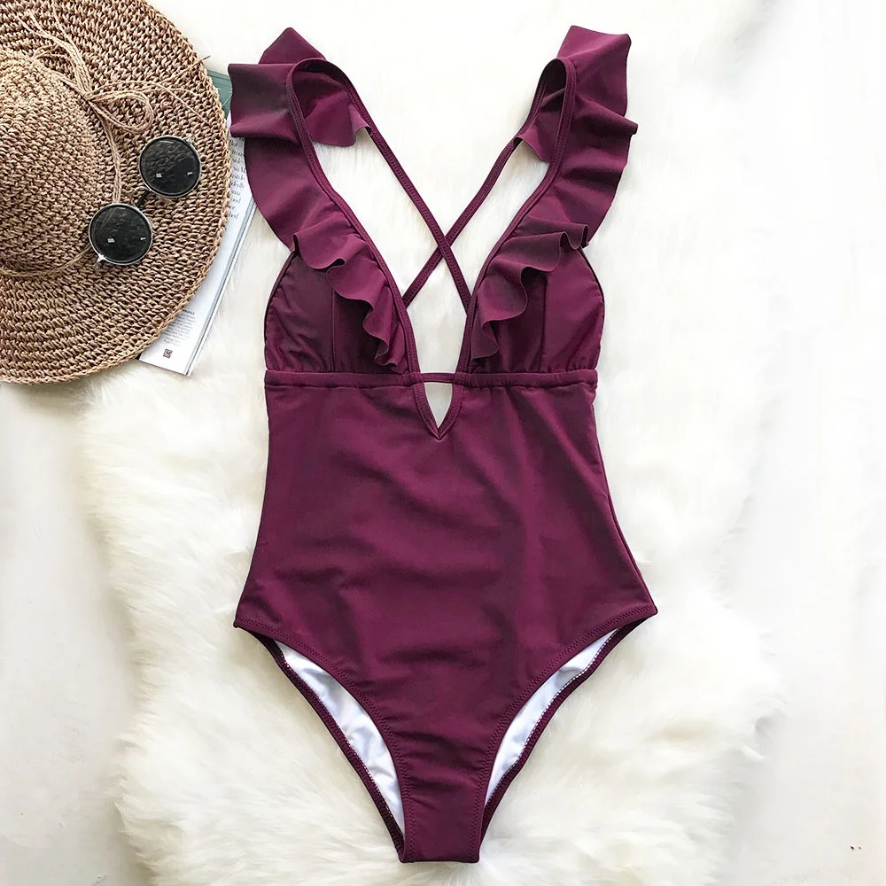 FY New Girls Fashion sexy Beach Bathing Suit Swimwear One-piece Swimsuit Women Ruffle V-neck bathing suit
