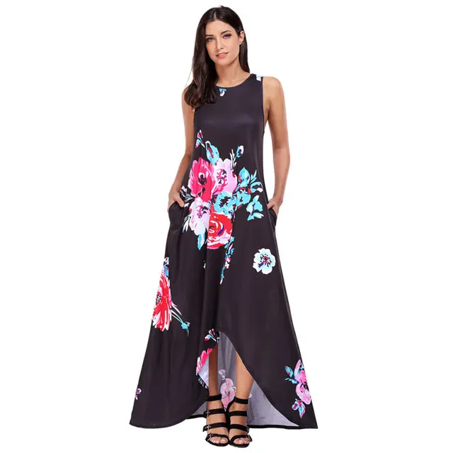 

Hot Girl Sexy Floral Pocketed Holiday Maxi Women Fashion Print Boho Casual High Low Slit Style O Neck Sleeveless Long Dress