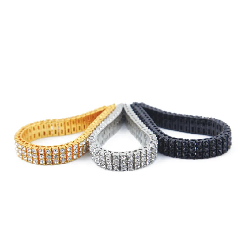 

New Fashion Iced Out 3 Row Lab Diamond Alloy Material Gold Plated HipHop Men Bracelets, Gold;silver;black