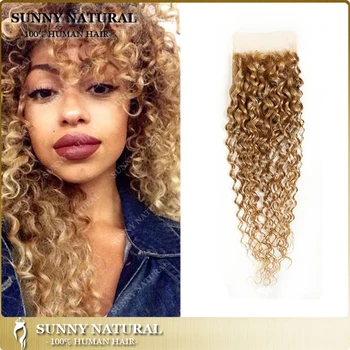 Honey Blonde Hair Lace Closure Kinky Curly 4"x4" Free Part Hand Tied