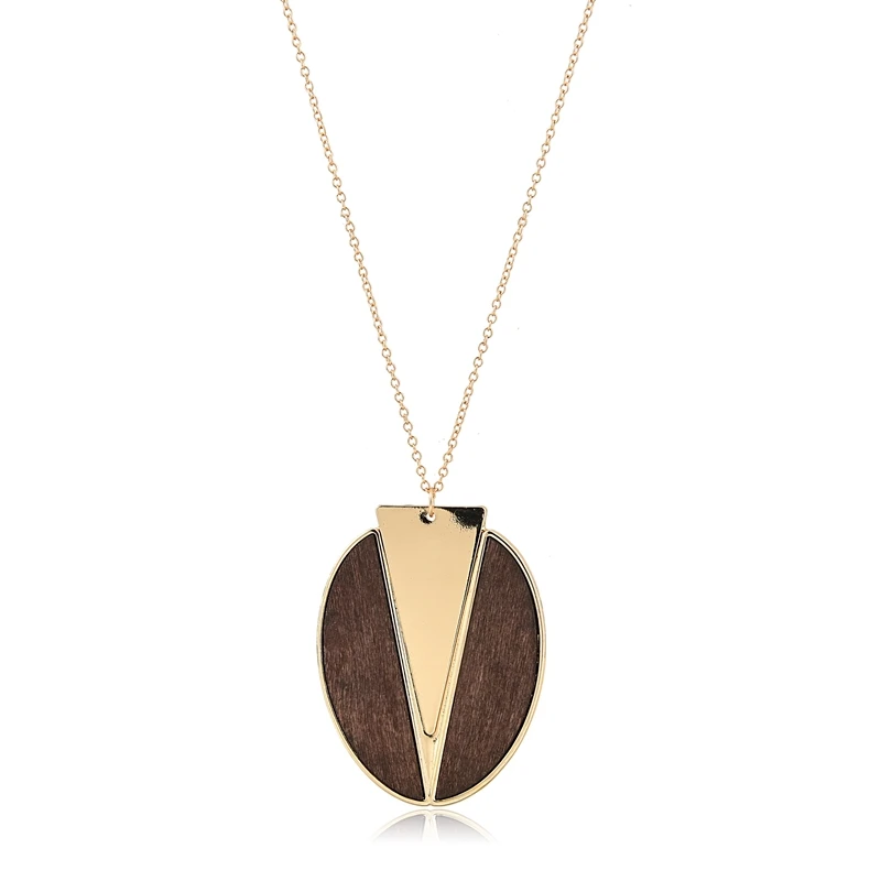 

Fashionable Sweater Wood Necklace Geometric Oval Statement Chain Necklace, Gold