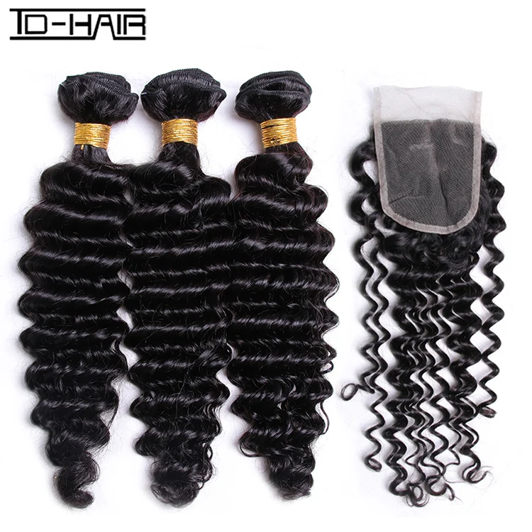 

TDHAIR deep wave 3 bundles with 4x4 closure, free shipping no tangle no shedding human hair, preplucked closure