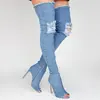 Women Sexy high heels shoes denim blue jeans skinny boots over the knee long boots