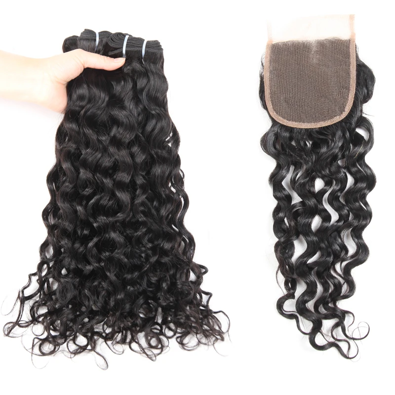 

Virgin Hair Brazilian Water Wave 3 Bundles with Closure Raw Cuticle Aligned Human Hair Weave