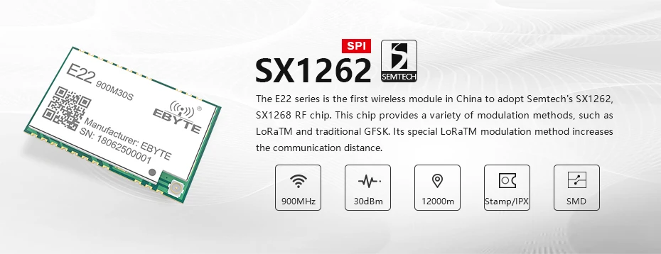 Free sample Ebyte 915mhz sx1262 1W long distance lora module TCXO E22-900M30S SPI development - ANKUX.COM