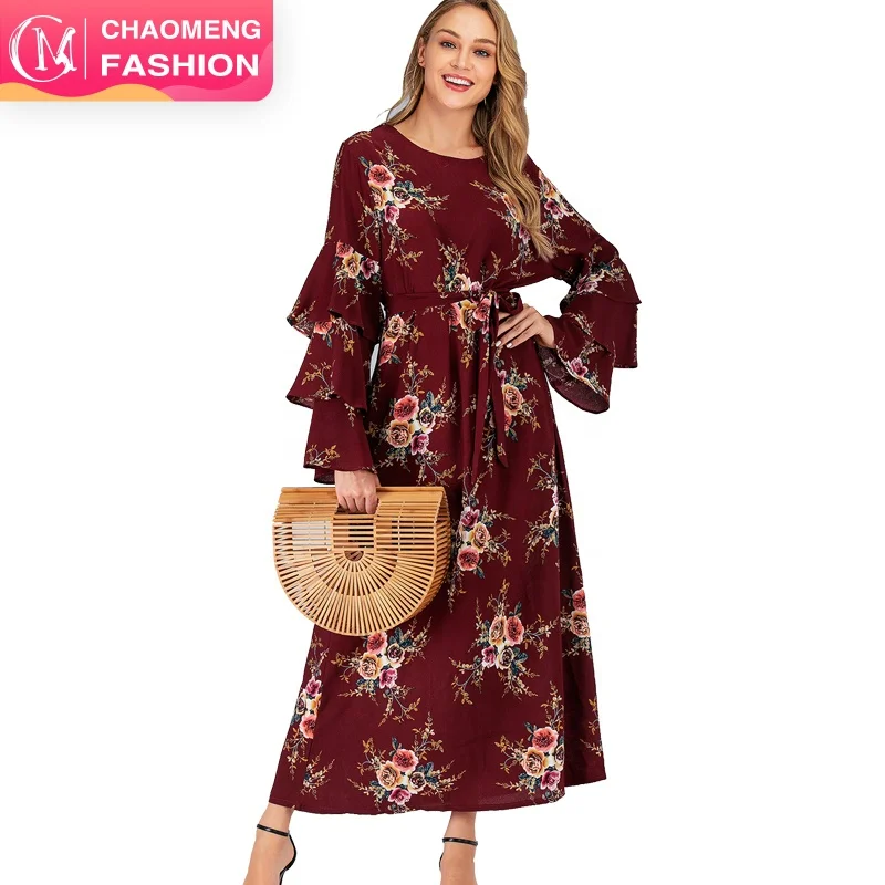 

9071# Islamic clothing thick chiffon floral printing dresses plus size ruffled sleeve maxi dress, As shown/customized