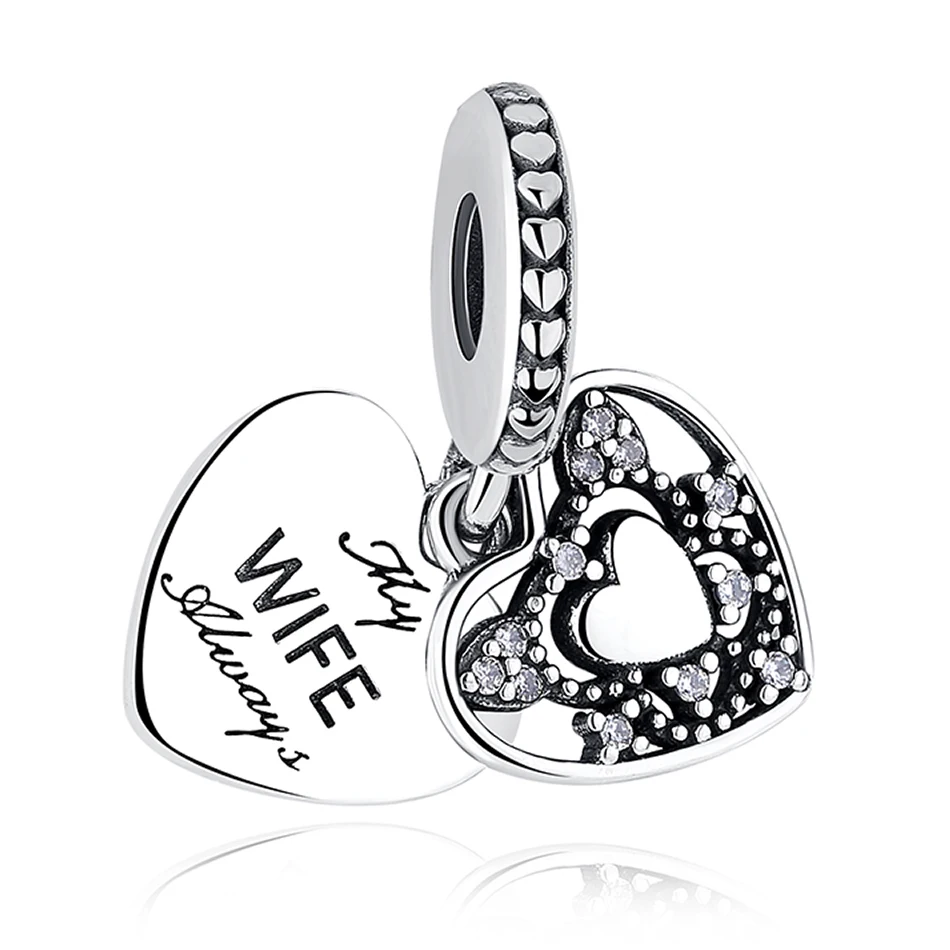 

100% 925 Sterling Silver Charm My Wife Always Love Heart Charms Beads Fit Fashion Women Bracelet Jewelry Making