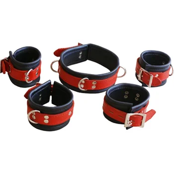 Leather Cuffs Band Bracelet Collar Lockable Straps 5pcs Set Red Black Leather Cuffs Band Bracelet Collar