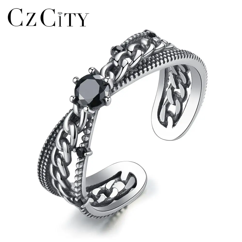 

CZCITY Double Chain Width Band Cuban Chain Link Style Black Zircon Vintage Adjustable 925 Silver Rings