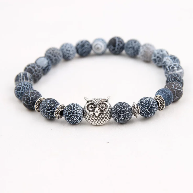 

Nature Stone Bracelets Black Volcanic Weathered Stone Alloy Silver Color Owl Bracelets for Women Men Accessories