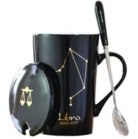 

12 Constellations Ceramic Coffee Milk Mug with Spoon Lid Black and Gold Porcelain Zodiac Ceramic Cup