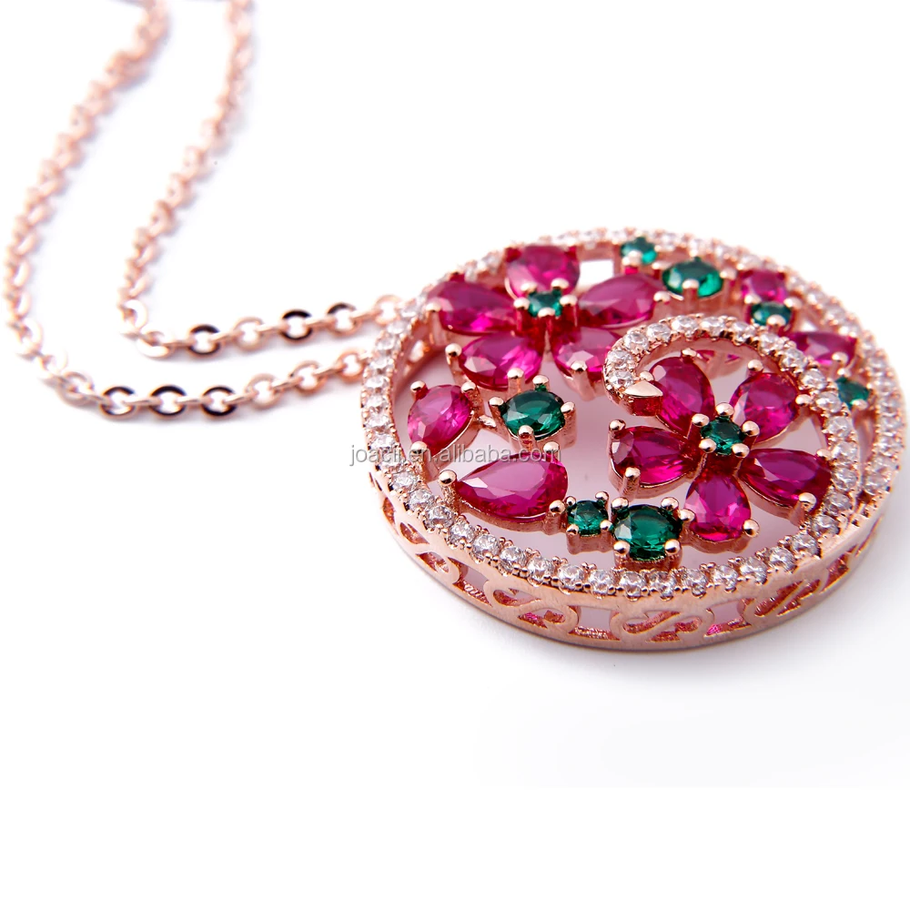 Newest Women and Girls Design 18k gold plated craft flower AAA Zircon Amethyst and Ruby Stone pendant Necklace