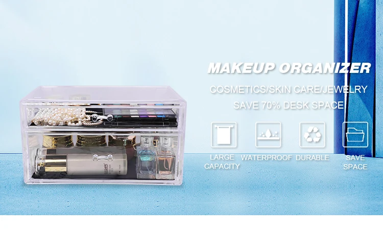 Makeup Organizer Acrylic Jewelry Storage Box Organizer Stackable with 2 Drawers Acrylic Cosmetics Organiser Lotion Desktop Clear