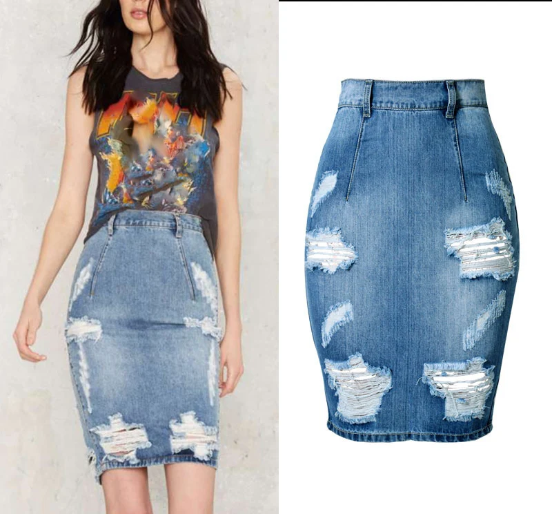 

Pencil Skirts Plus Size Womens Ripped Jean Skirt Spring Summer Midi Skirt ETSL075 High Waist Split Denim Mini Solid Pattern