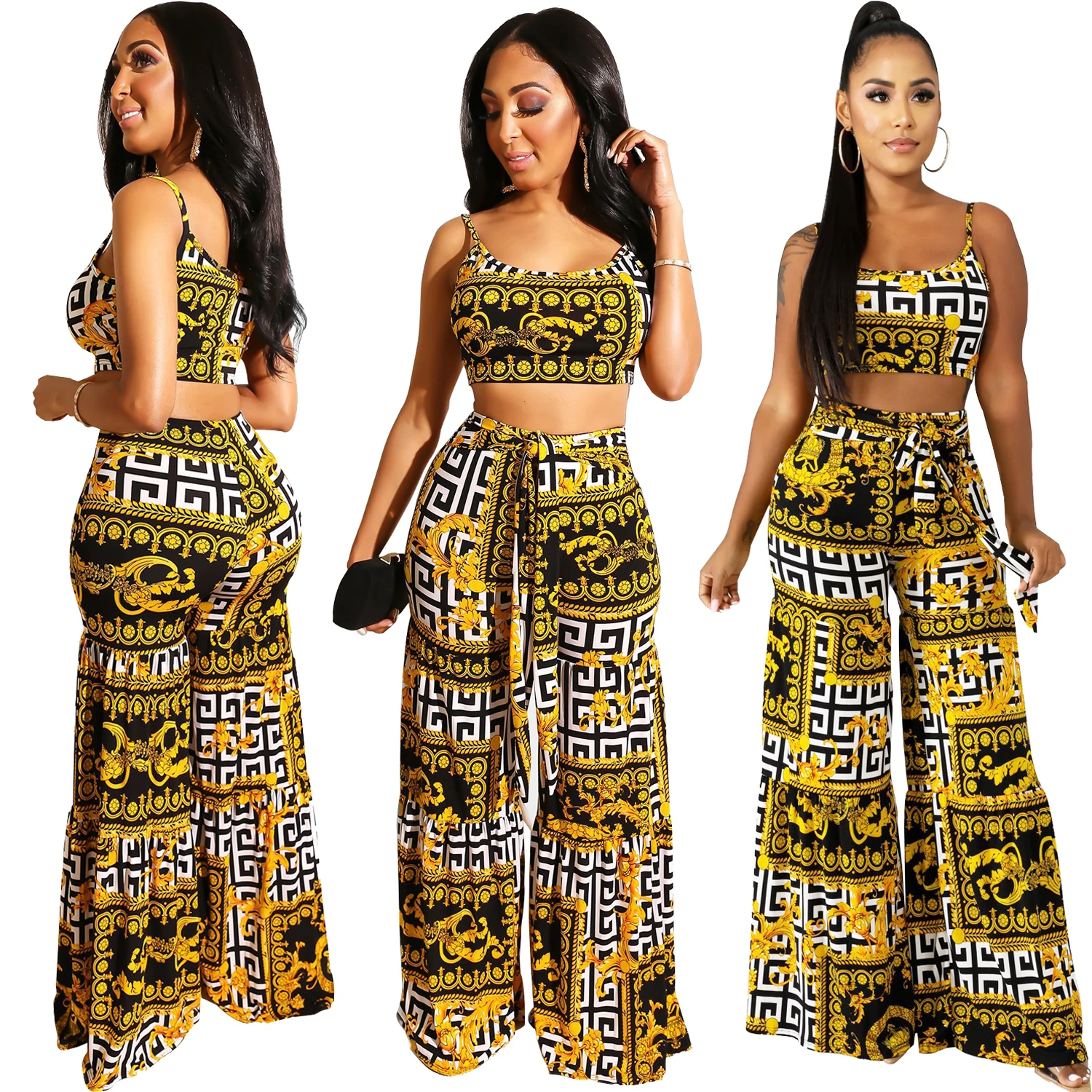 

90702-MX65 crop tops and long pants women two piece set clothing