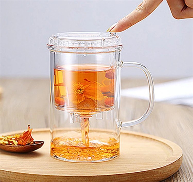 

17oz Easy mode tea maker carafe glass mug with button press filter, Clear transparent