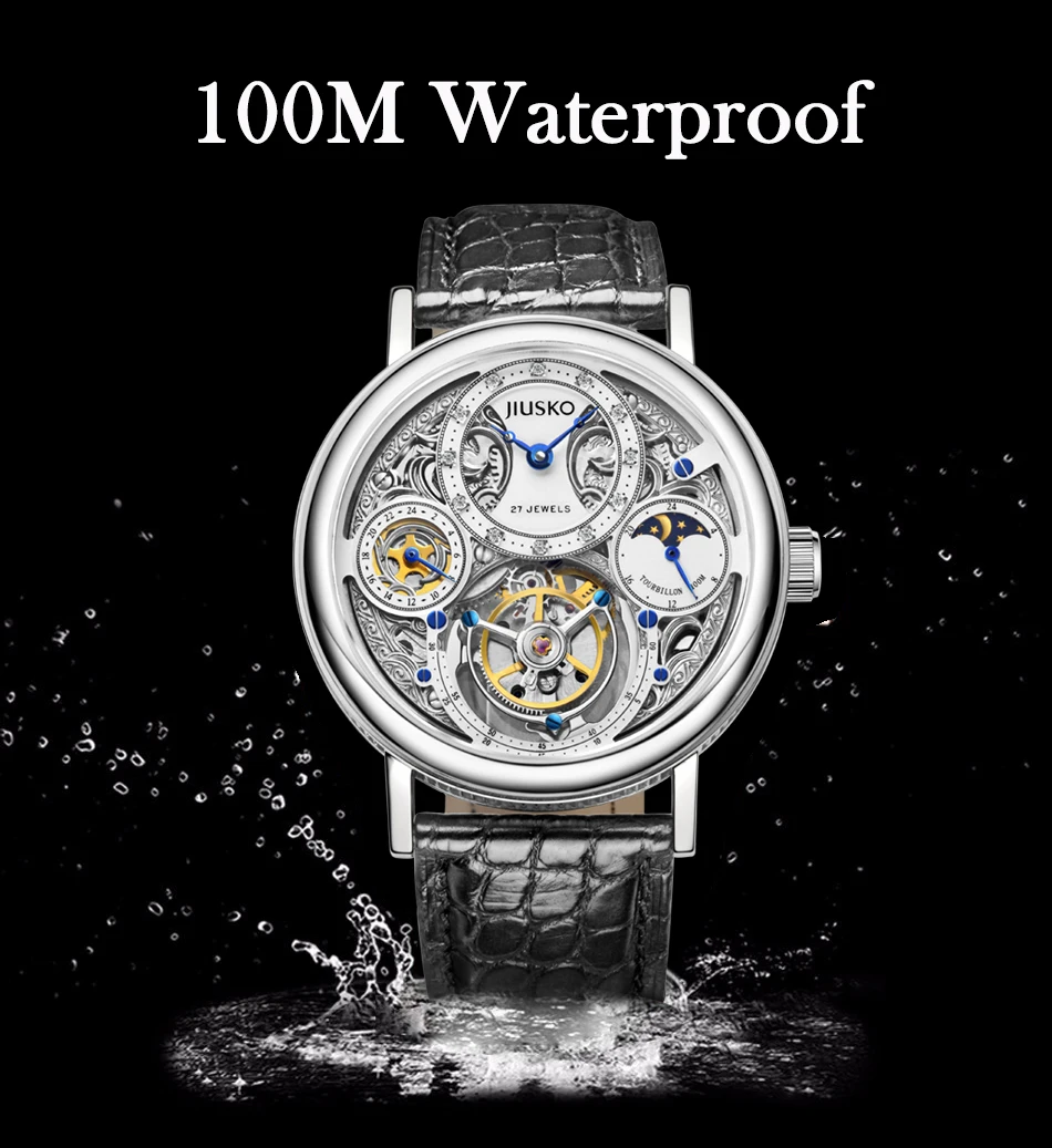 Jiusko High Quality Luxury Automatic Movement Stainless Steel Band Tourbillion Automatic Mechanical Watch