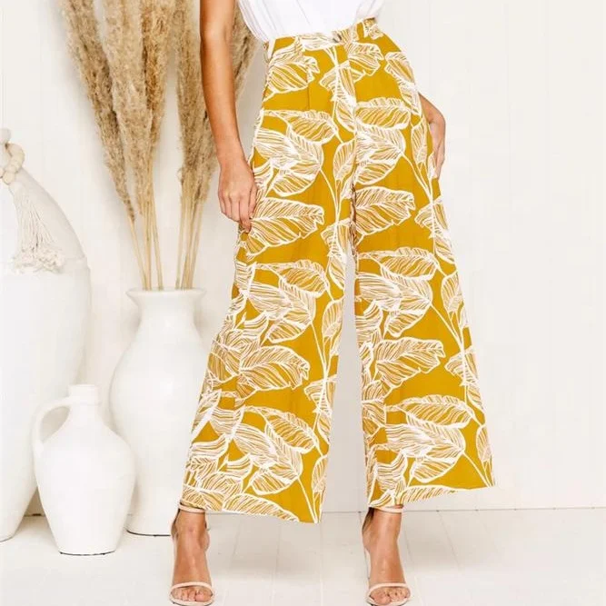 

New Arrival Ladies Summer Loose Leaf Print Wide Leg Pants With Pockets