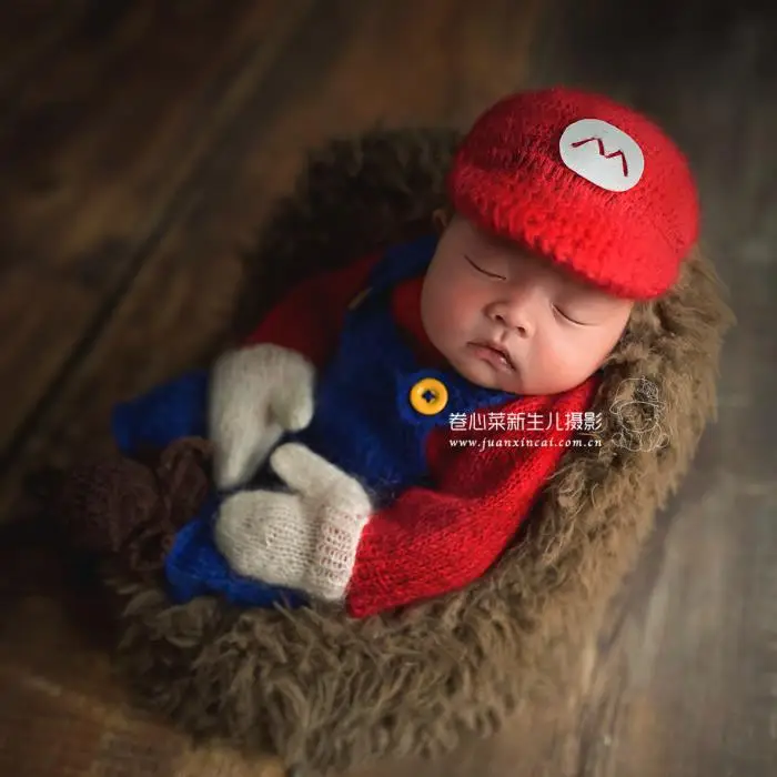 

Newborn Mario Outfit Handmade crochet mohair Beanie hat Super Mario Bros Baby Boy Outfit Cap and Overall Set