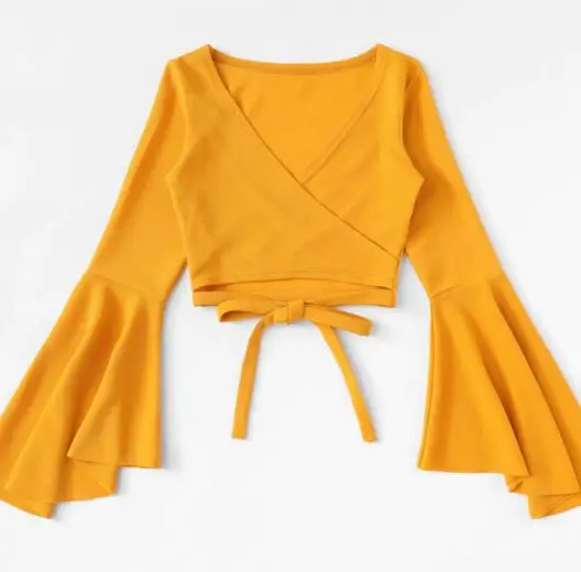 

women clothing fashion women blouses ladies tie hem Flare sleeve yellow tops, Ginger