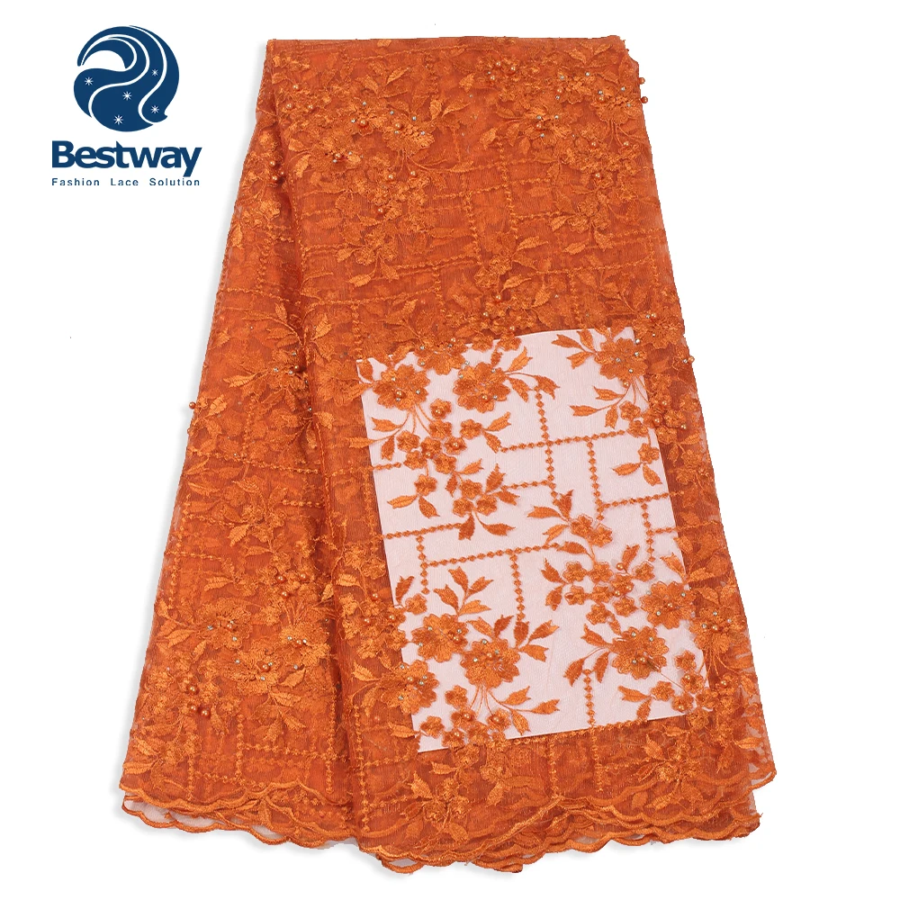 

Bestway French Net Lace Burnt Orange Embroidery Tulle Lace Fabric For Wedding Dress