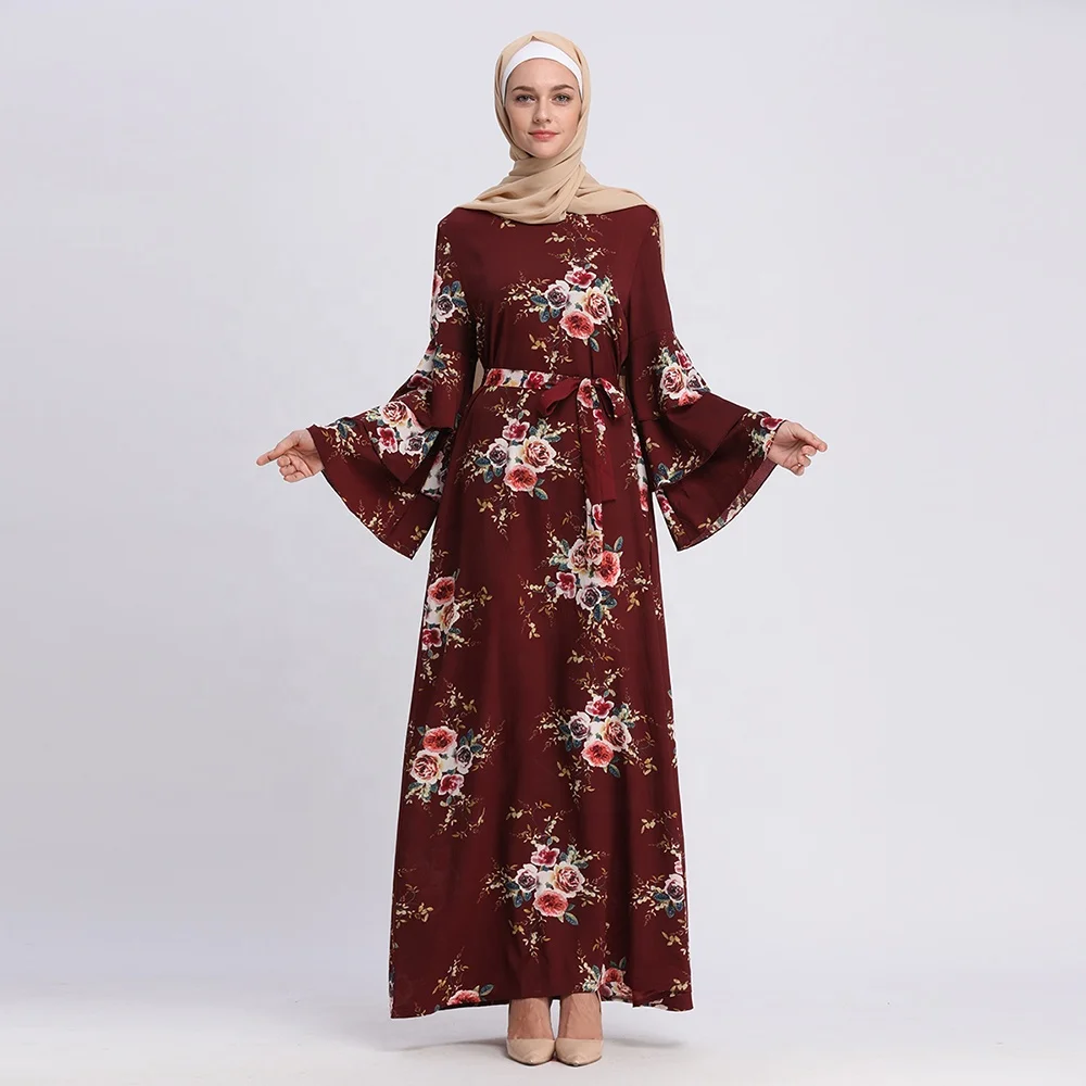 

2019 top selling new fashion islamic hijab clothing turkish floral print muslim abaya dress, Black,yellow,wine red,khaki