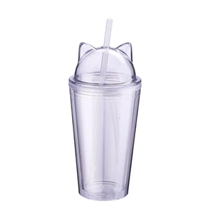 Image of 450ml Cute logo party drinking novelty transparent bpa free coffee bubble double wall printing milk tea plastic cup with lids