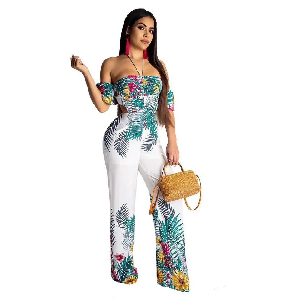 

2019Hot sell Print Jumpsuit Women Loose Off-the-shoulder Sexy Plus Size Halter Neck Sleeveless Hollow Out Wide Leg Rompers