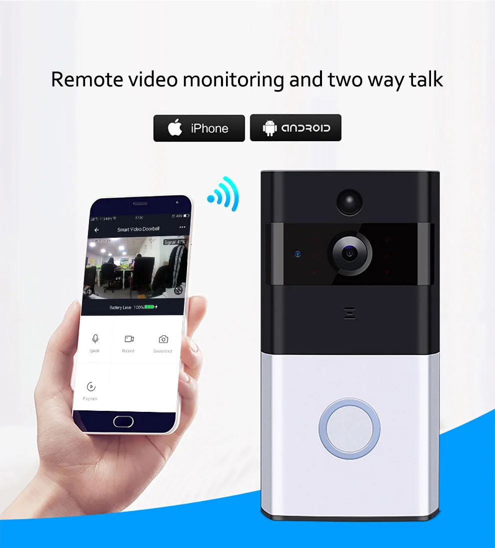 Low Power Smart Wifi Video Doorbell With 18650 Rechargeable Battery