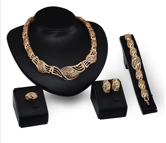 

New Popular Gold Specialized Bridal Necklace Earring Solid Women Style Pendant Jewelry Sets 4Pcs