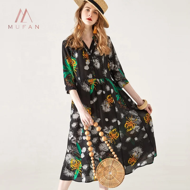 

Wholesale summer sunscreen plus size 100% silk ladies V neck printed dress, Pictured color;or custom color