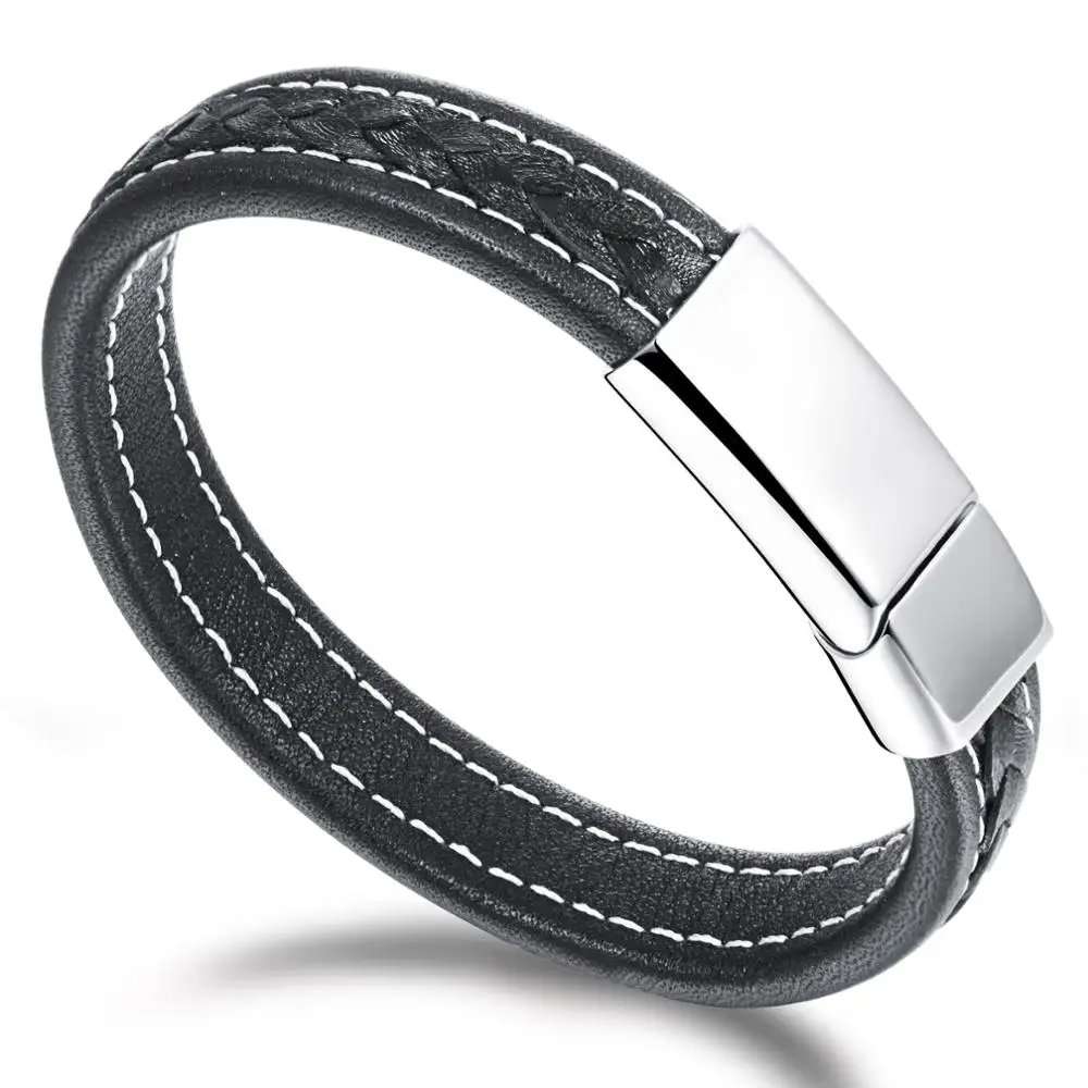 

Fashion black Mens jewelry Genuine Leather bracelet with Stainless steel buckle, Black+silver