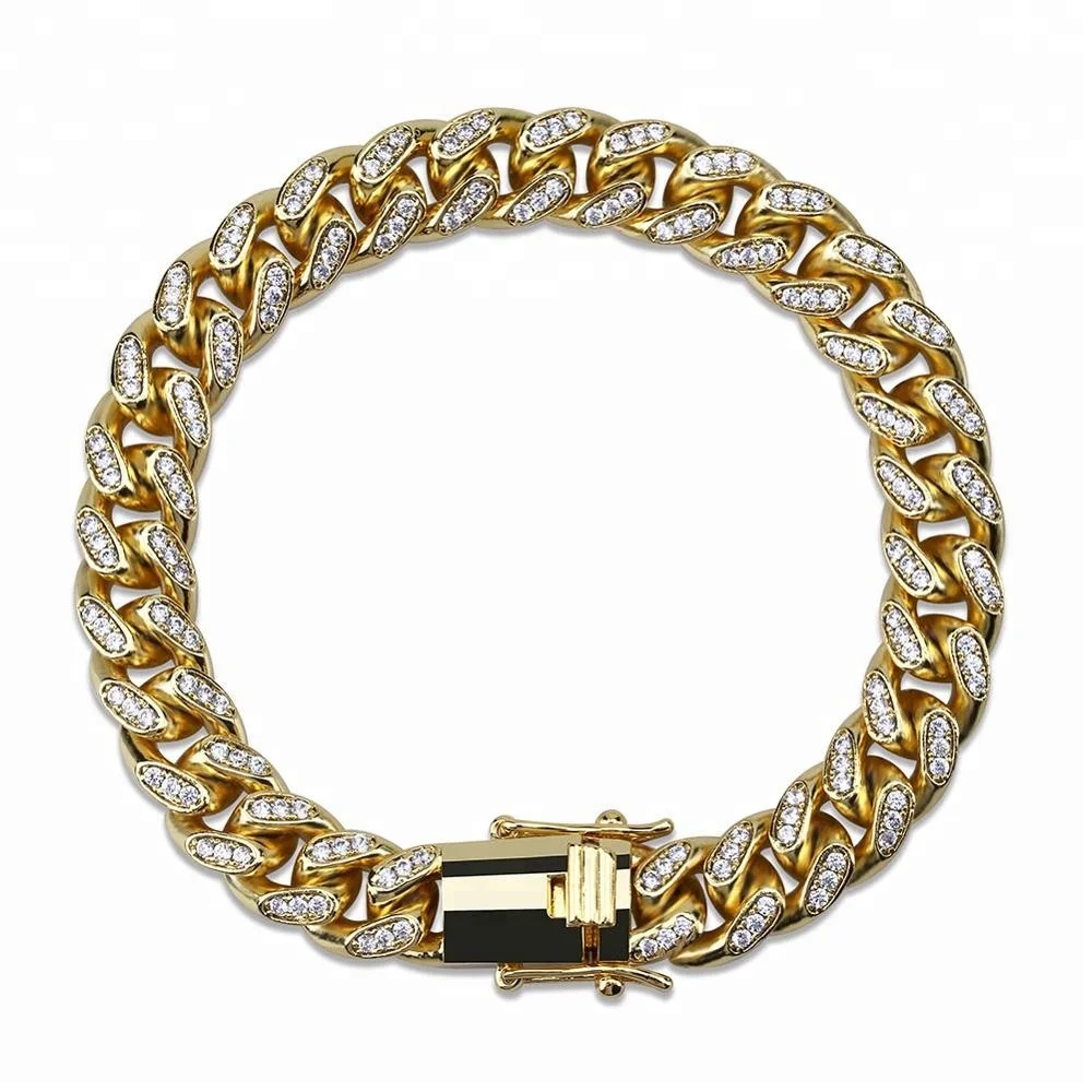 

Explosive Inlaid Zircon Miami Cuban Chain Men's Gold Bracelet Hip Hop Jewelry, Gold/silver