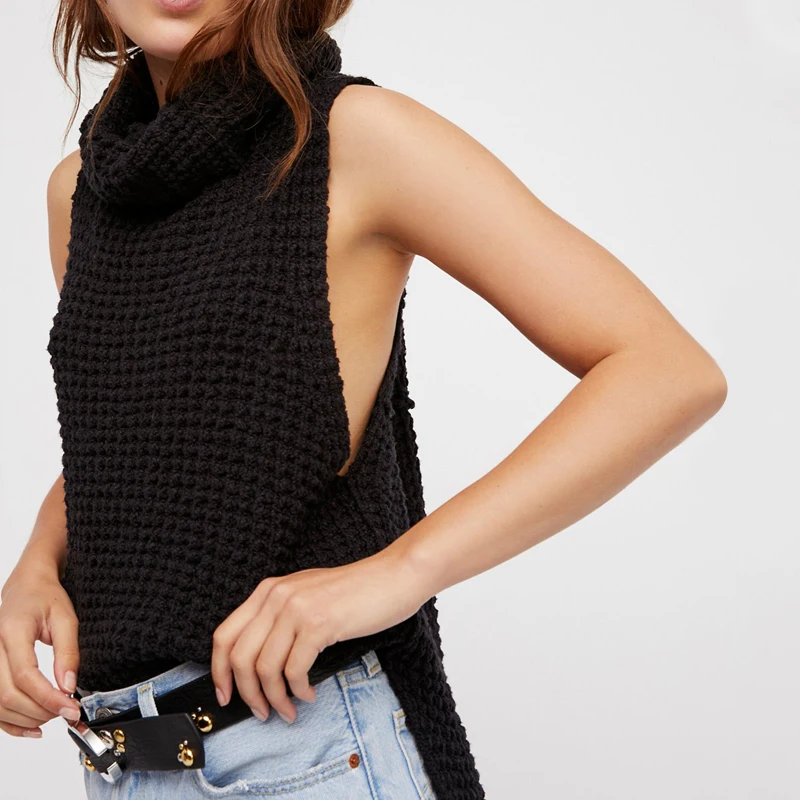 

Fashion Turtleneck Sweater Women Sleeveless Wool Sweater Design For Women Pullover Black Pure Color Chic