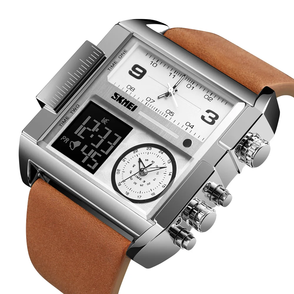 

Silver digital wrist watches genuine leather reloj hombre large square dial custom watch bezel, 3colors