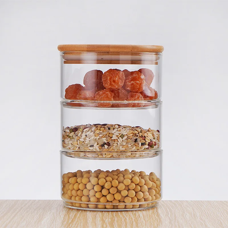 Three Glass Containers Stackable Glass Jar With Bamboo Lid For