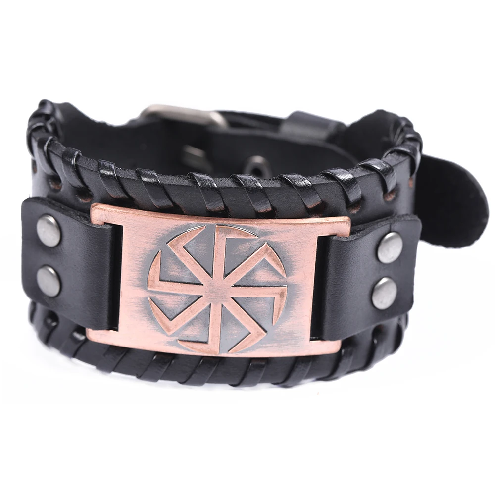 

High Quality Free Shipping Wide Fashion Wiccan Jewellery Men Genuine Leather Slav Symbol Bracelets Bangles With Metal for Men