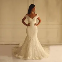 

Cap sleeve Plus size Customized appliqued Lace Sexy V-neckline long tail Trumpet Wedding dresses MWA16