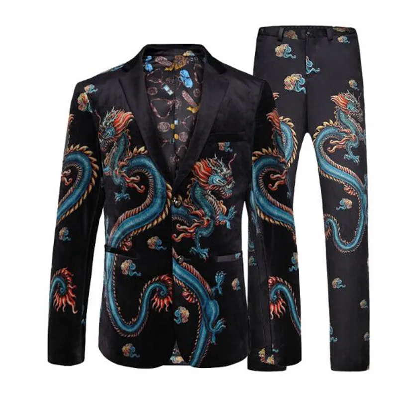 

Chinese Fashion fit slim party Men blazer tuxedo casual 3d dragon printed 2 piece set velvet wedding business jackets suits, N/a