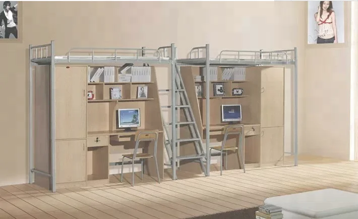 2 layer dormitory bed, wood bunk bed with desk